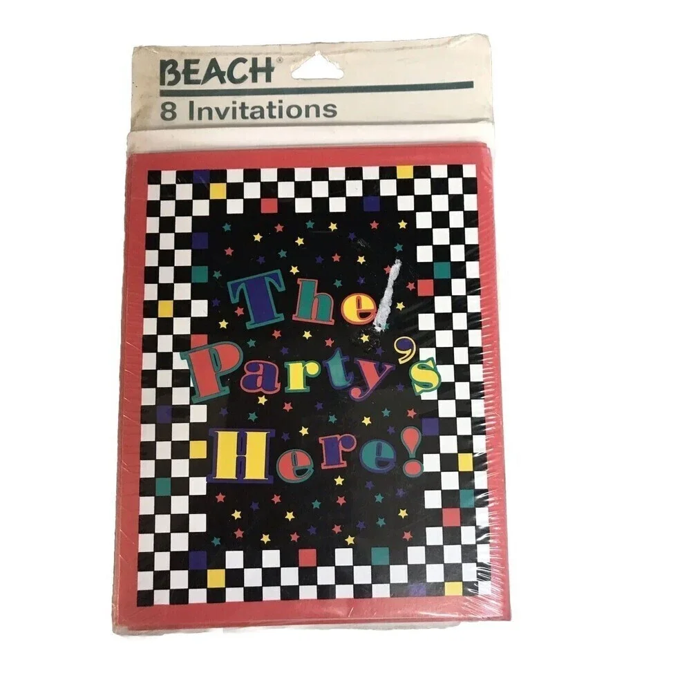 Vintage 80’s Retro Block Design Party Invitation & Envelopes 8 Pack By Beach
